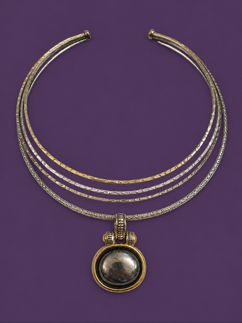 VTG Chic Set of Two Silvertone and Goldtone Cuff Choker Omega Necklace